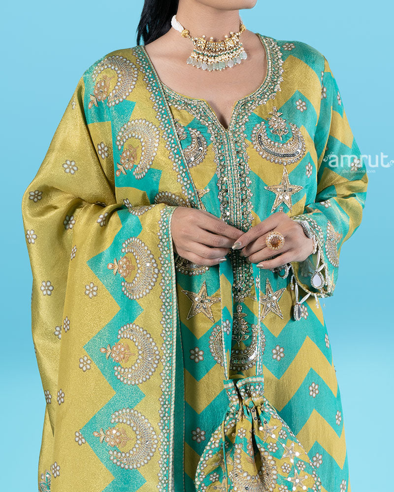 Teal and Mustard Yellow Embroidered Top with Palazzo Pants, Dupatta, and Pouch Bag 03