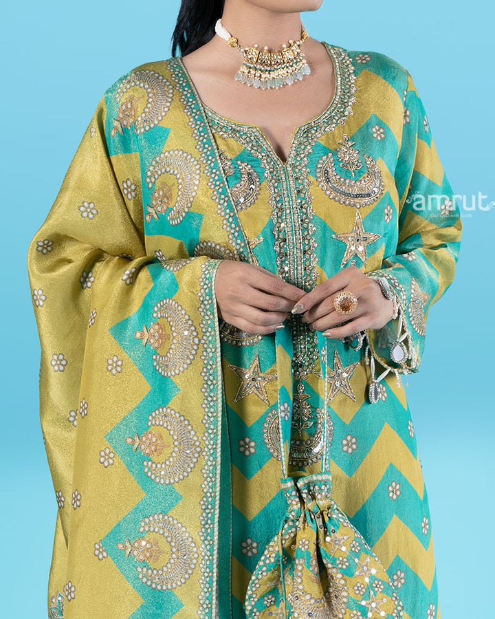 Teal and Mustard Yellow Embroidered Top with Palazzo Pants, Dupatta, and Pouch Bag 03