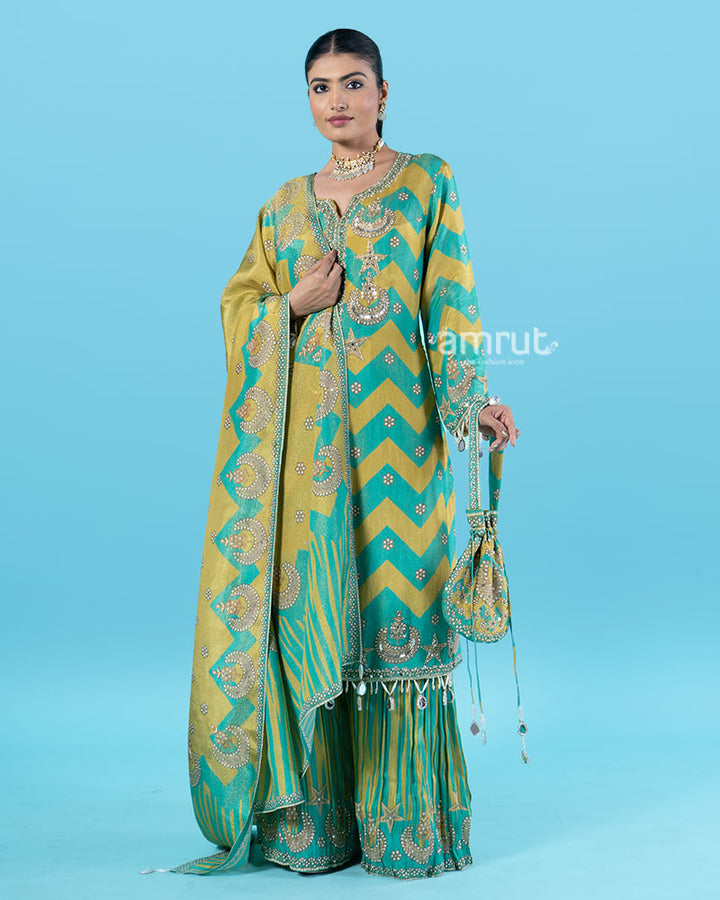 Teal and Mustard Yellow Embroidered Top with Palazzo Pants, Dupatta, and Pouch Bag 04