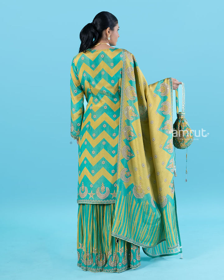 Teal and Mustard Yellow Embroidered Top with Palazzo Pants, Dupatta, and Pouch Bag 05