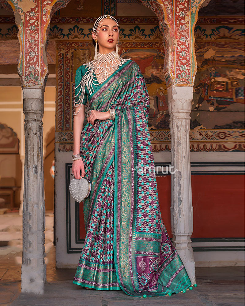 Teal and Purple Printed Silk Saree with Zari Border and Unstitched Blouse 01