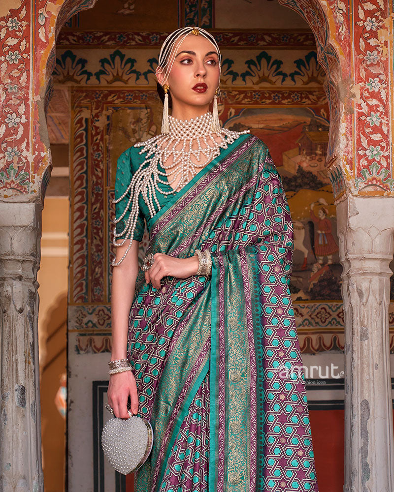 Teal and Purple Printed Silk Saree with Zari Border and Unstitched Blouse 02