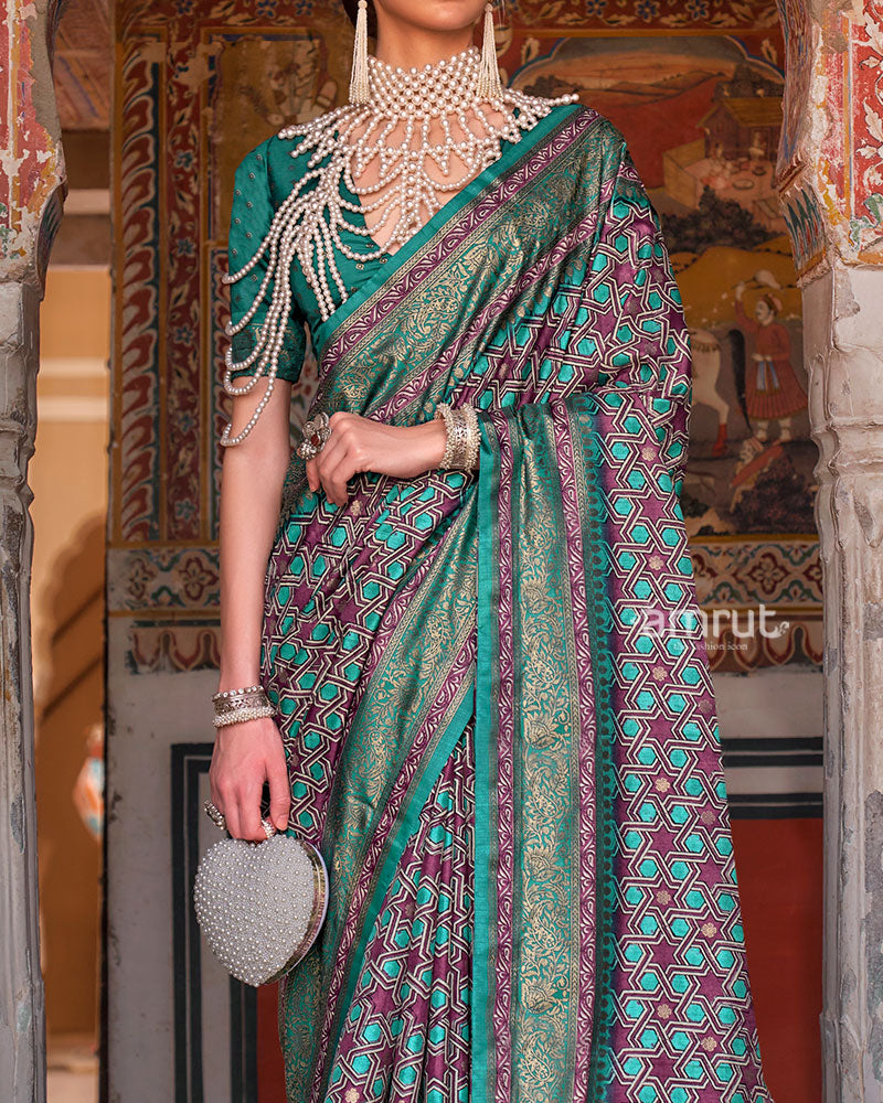 Teal and Purple Printed Silk Saree with Zari Border and Unstitched Blouse 03