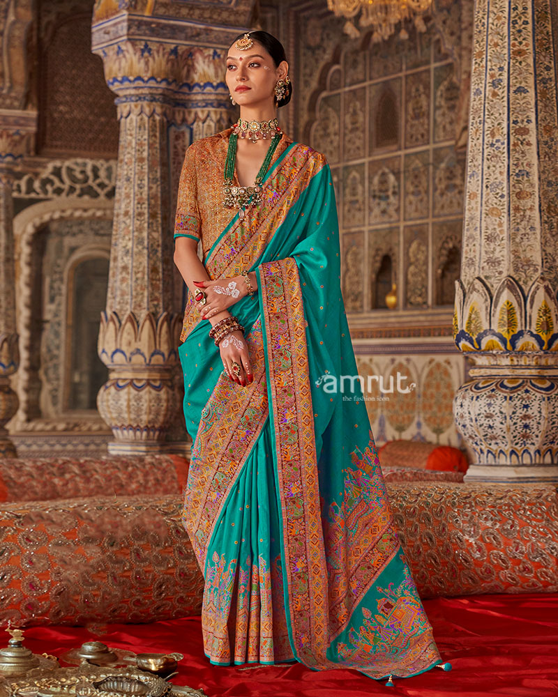 Teal with Floral Motifs Printed Border Saree and Unstitched Blouse 01