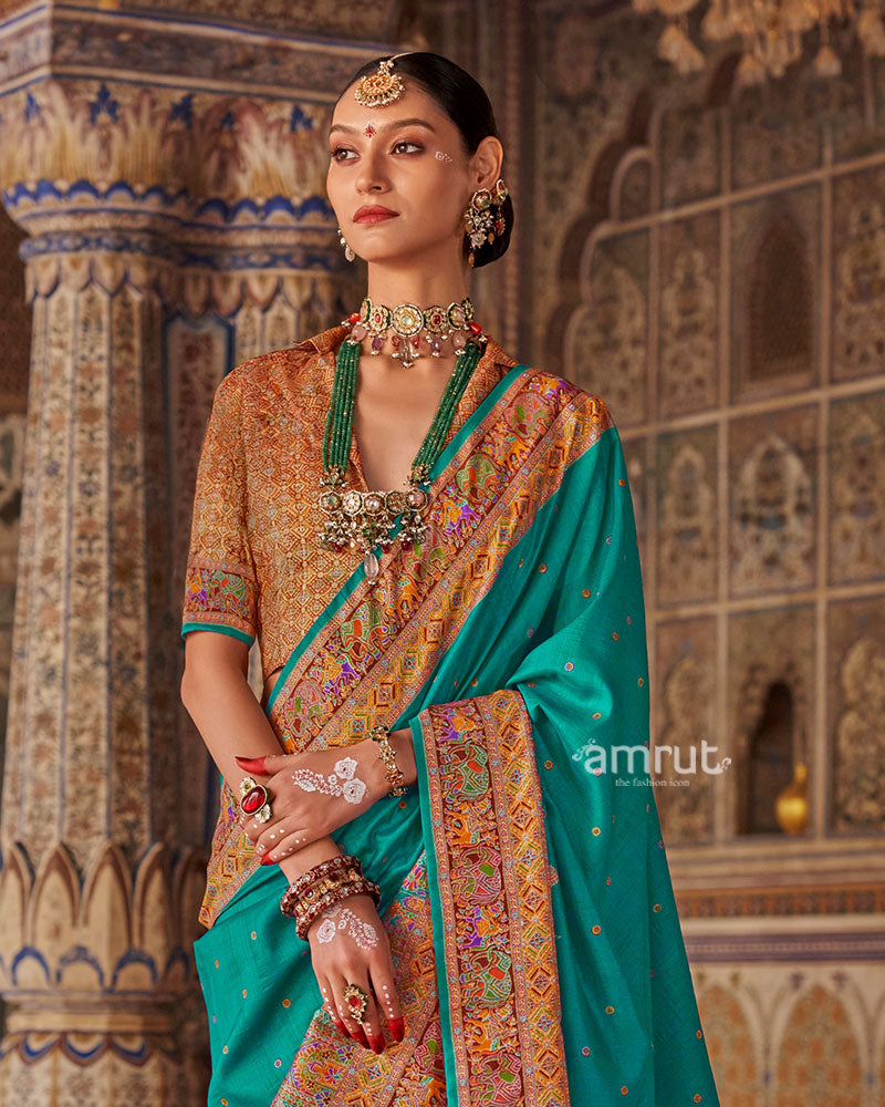Teal with Floral Motifs Printed Border Saree and Unstitched Blouse 02