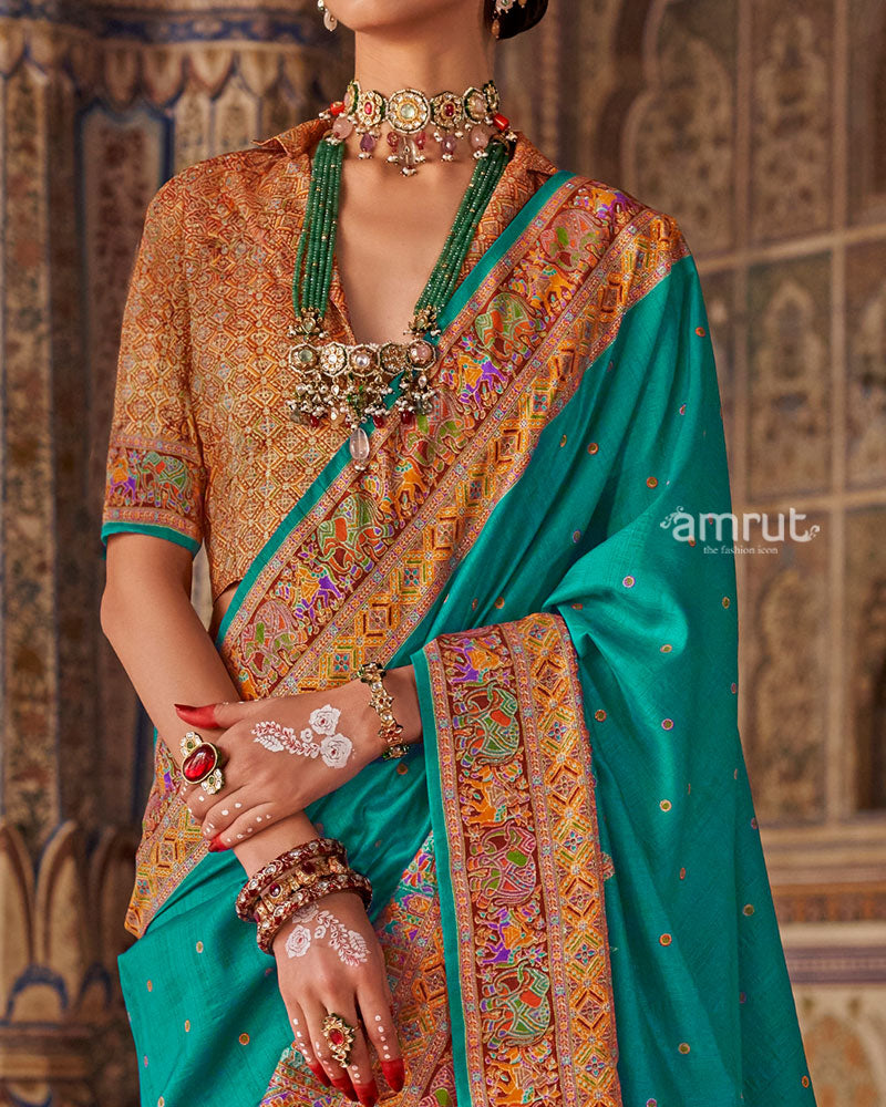 Teal with Floral Motifs Printed Border Saree and Unstitched Blouse 03