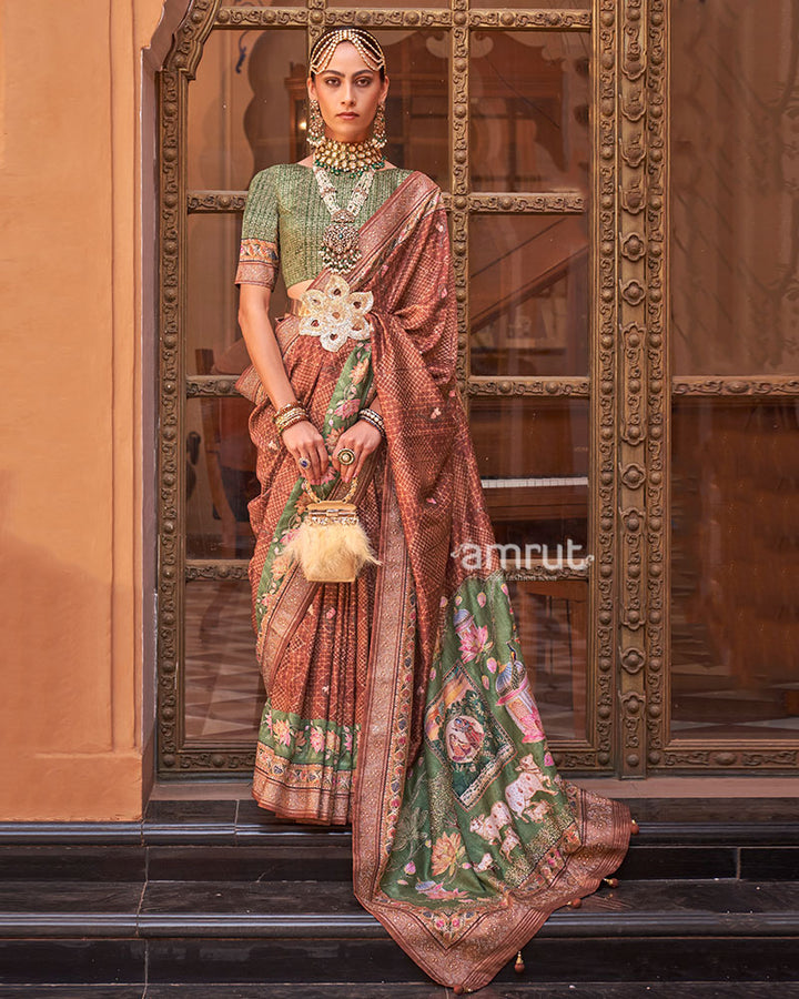 Terracotta and Olive-Green Printed Saree with Unstitched Blouse and Belt 01