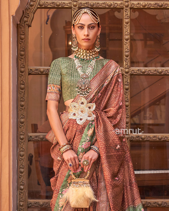 Terracotta and Olive-Green Printed Saree with Unstitched Blouse and Belt 02