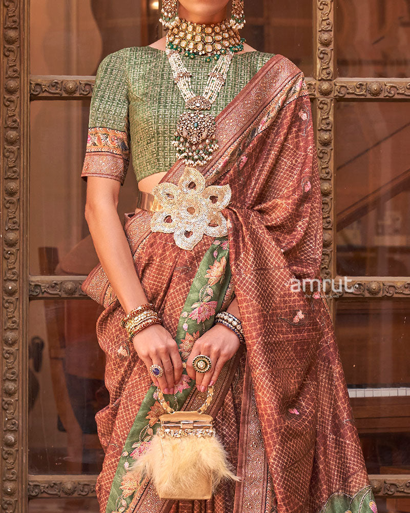 Terracotta and Olive-Green Printed Saree with Unstitched Blouse and Belt 03