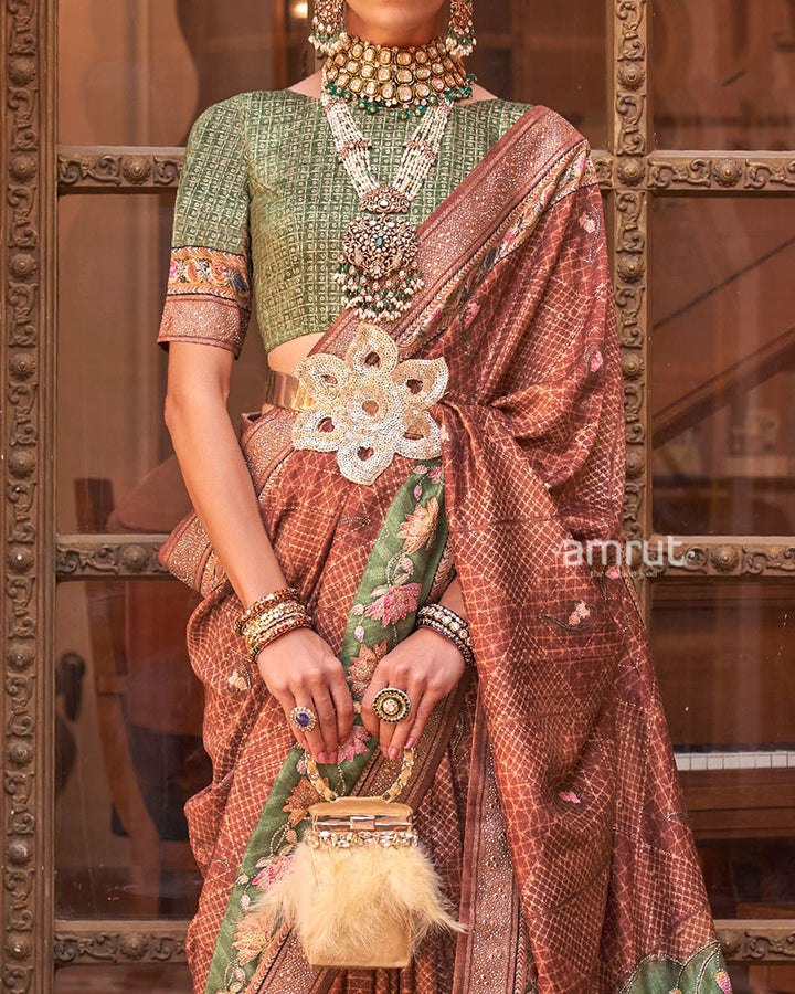 Terracotta and Olive-Green Printed Saree with Unstitched Blouse and Belt 03