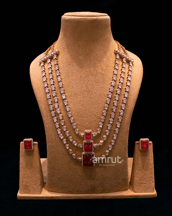 Three Layer Kundan Meenakari Long Bridal Red Beads Jewelry Set