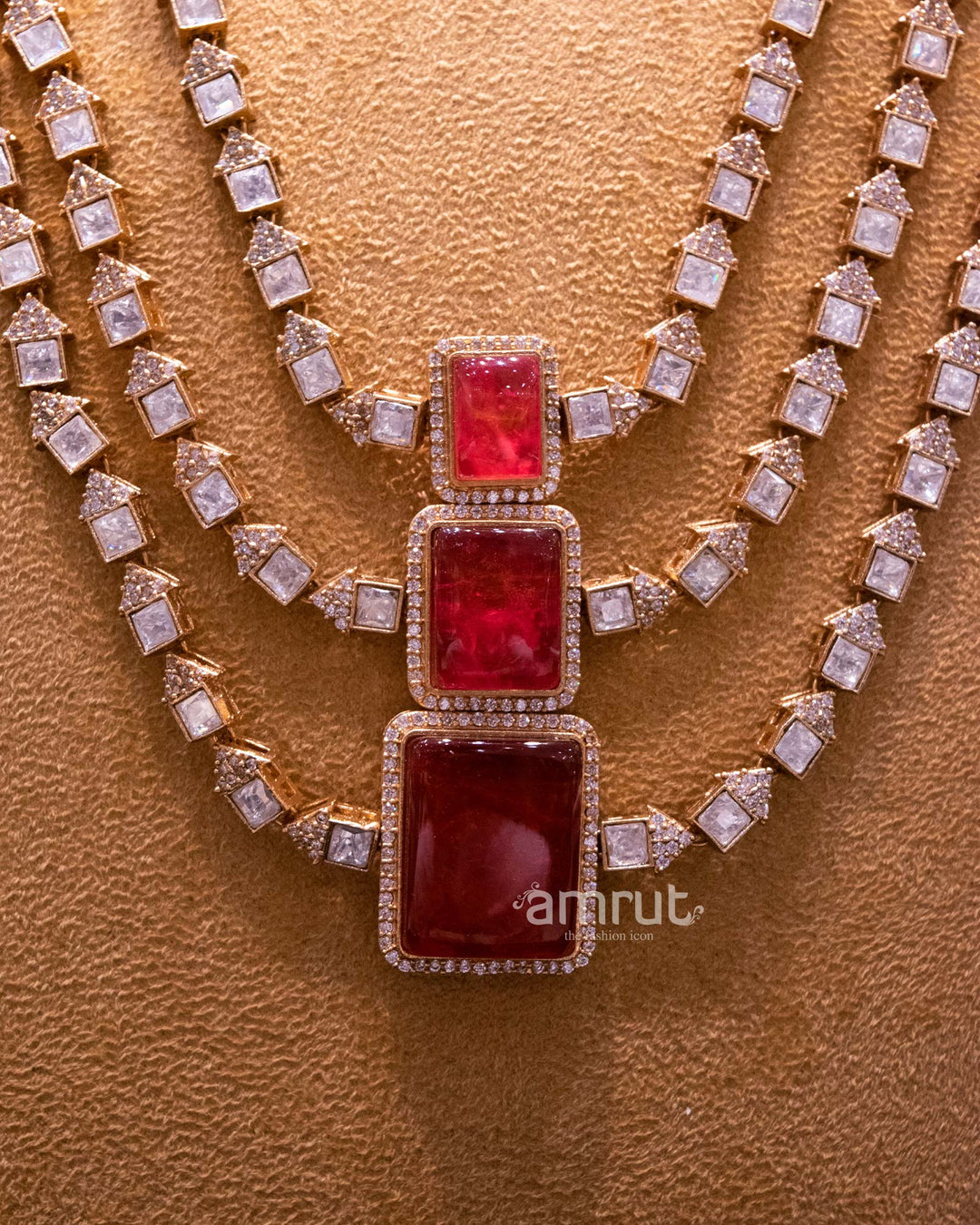 Three Layer Kundan Meenakari Long Bridal Red Beads Jewelry Set