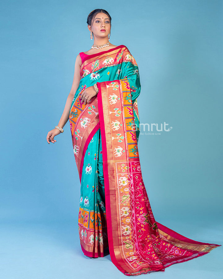 Tiffany Blue Embroidered Patola Saree in Cotton Silk With Unstitched Blouse