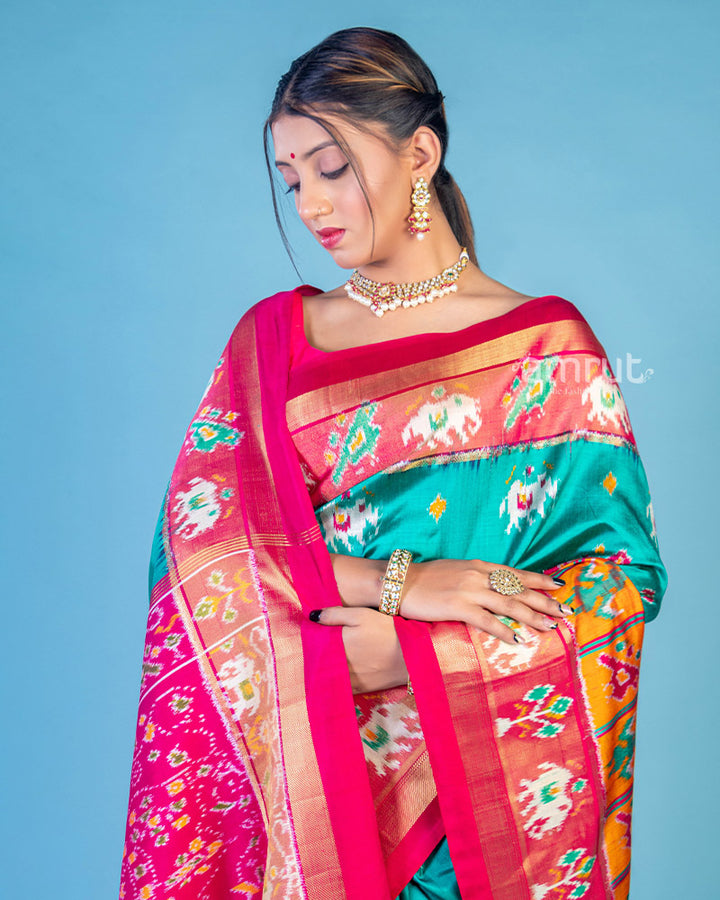 Tiffany Blue Embroidered Patola Saree in Cotton Silk With Unstitched Blouse