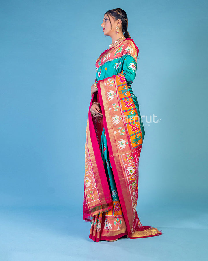 Tiffany Blue Embroidered Patola Saree in Cotton Silk With Unstitched Blouse