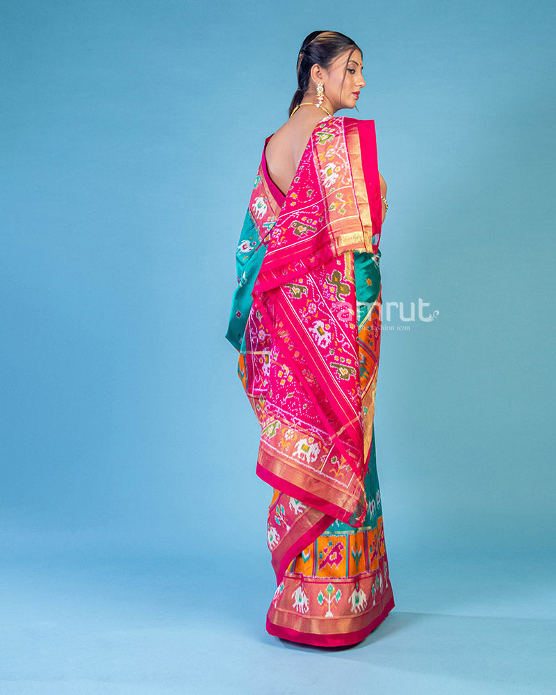 Tiffany Blue Embroidered Patola Saree in Cotton Silk With Unstitched Blouse