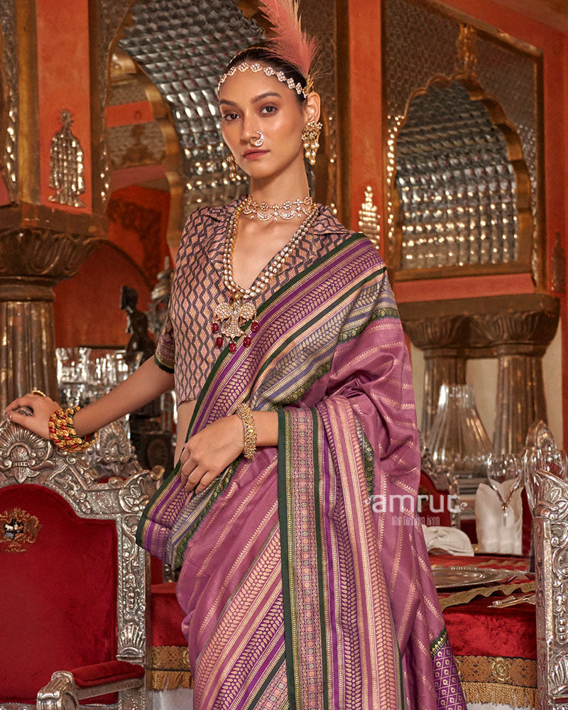 Tulip Pink Kanjivaram Silk Saree with Unstitched Blouse 02