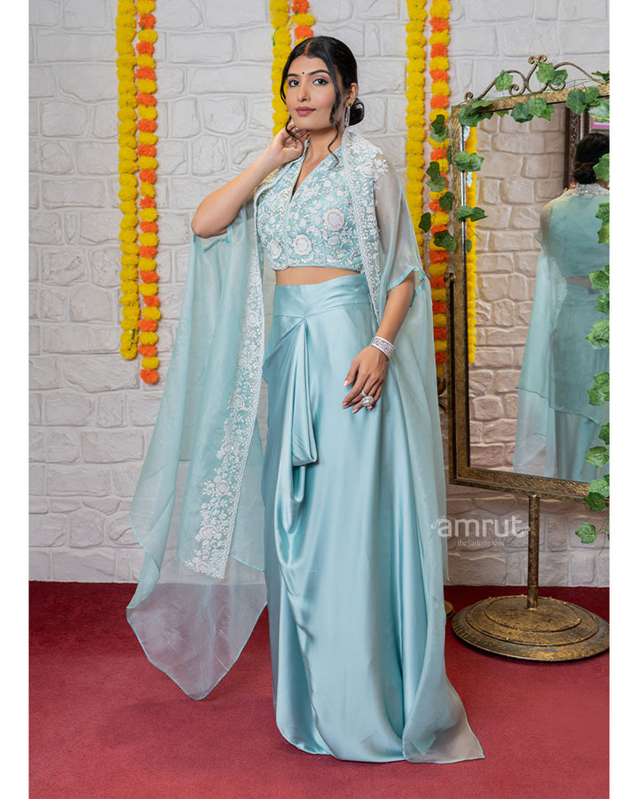 Turquoise Crop Top with Draped Skirt and Handwork Jacket