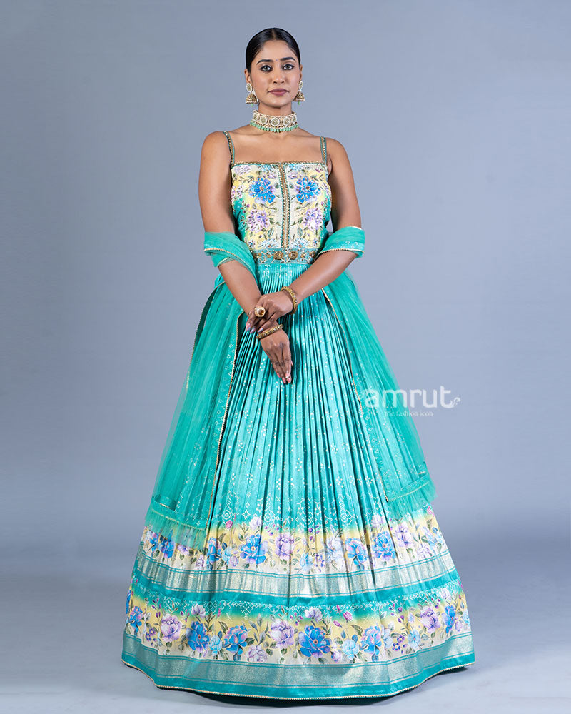 Turquoise Blue Embellished Gown with Floral Embroidery and Dupatta 01