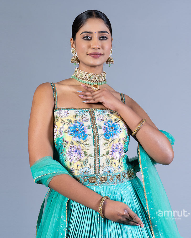 Turquoise Blue Embellished Gown with Floral Embroidery and Dupatta 02