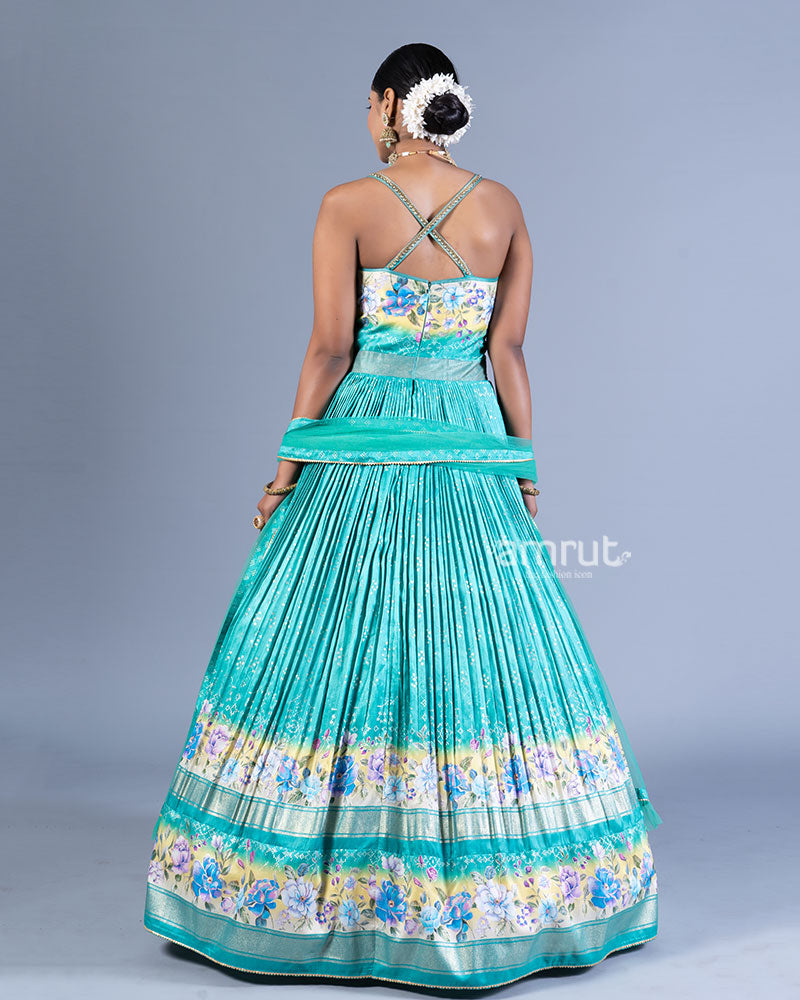 Turquoise Blue Embellished Gown with Floral Embroidery and Dupatta 03