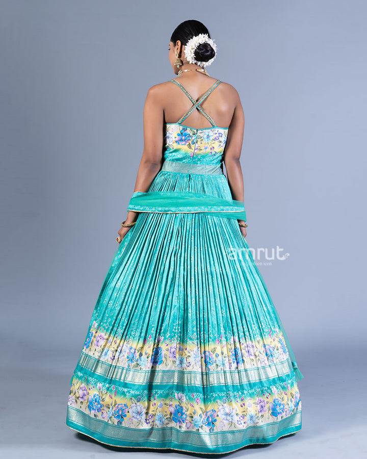 Turquoise Blue Embellished Gown with Floral Embroidery and Dupatta 03