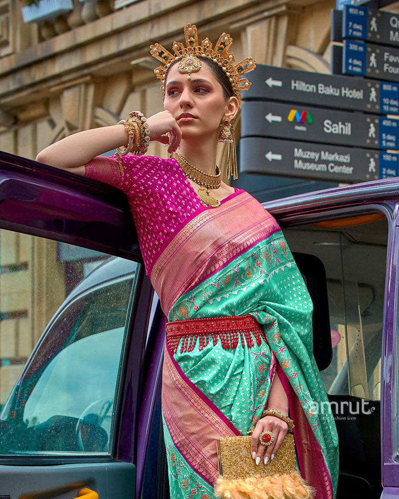 Turquoise Blue and Pink Patola Printed Saree with Zari Border & Unstitched Blouse 02