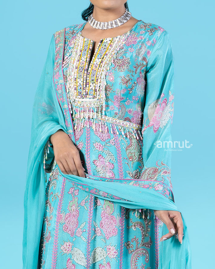 Turquoise Embellished Kameez with Palazzo Pants and Dupatta 03
