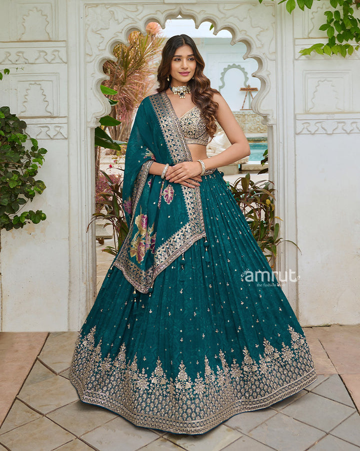 Turquoise Lehenga Choli with Intricate Embroidered Zari Buti 01