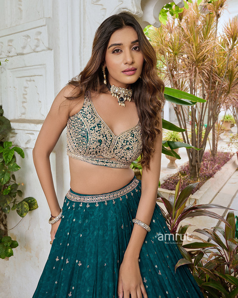 Turquoise Lehenga Choli with Intricate Embroidered Zari Buti 02