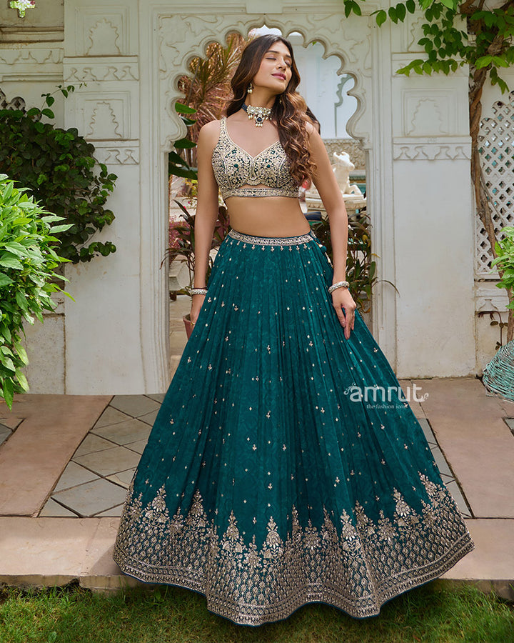 Turquoise Lehenga Choli with Intricate Embroidered Zari Buti 03