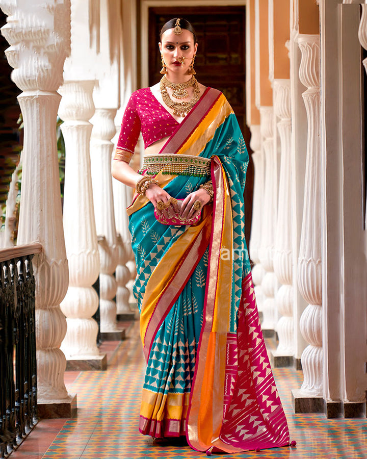 Turquoise Zari Embellished Borders Silk Saree with Unstitched Blouse 01