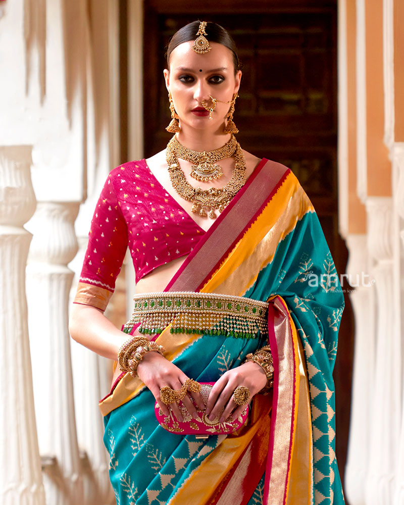 Turquoise Zari Embellished Borders Silk Saree with Unstitched Blouse 02