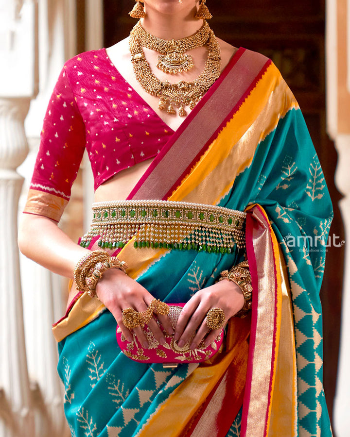 Turquoise Zari Embellished Borders Silk Saree with Unstitched Blouse 03