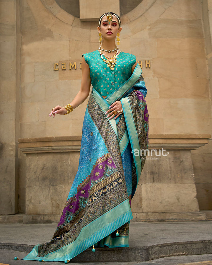 Turquoise and Blue Woven Silk Saree with Multicolor Border and Unstitched Blouse 01