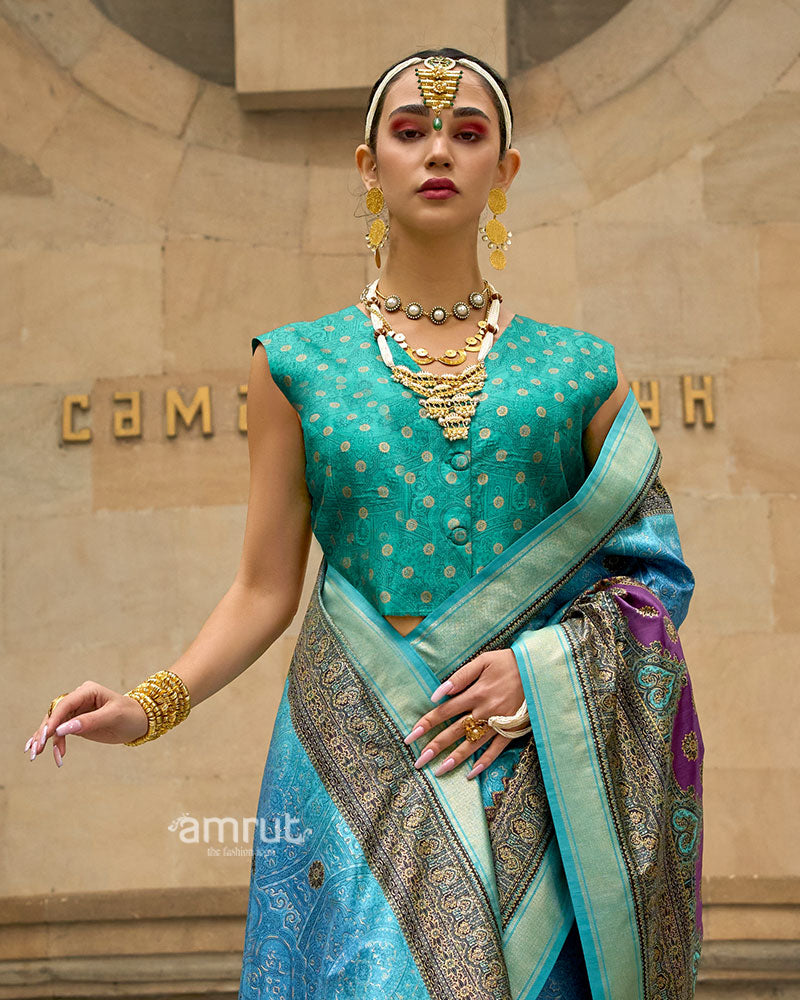 Turquoise and Blue Woven Silk Saree with Multicolor Border and Unstitched Blouse 02