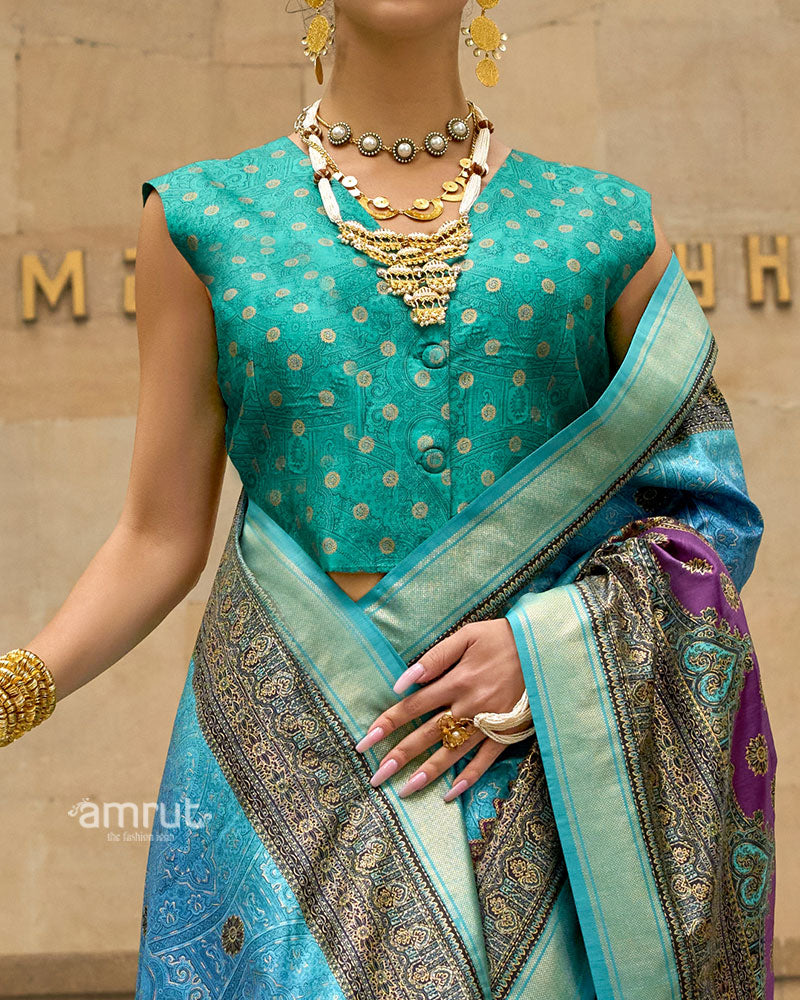 Turquoise and Blue Woven Silk Saree with Multicolor Border and Unstitched Blouse 03