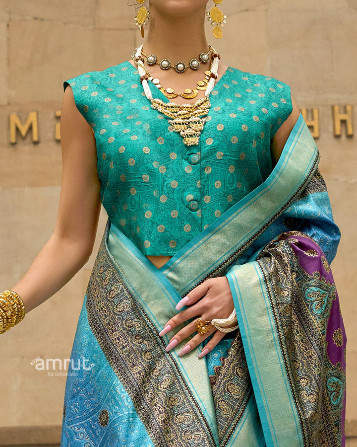 Turquoise and Blue Woven Silk Saree with Multicolor Border and Unstitched Blouse 03