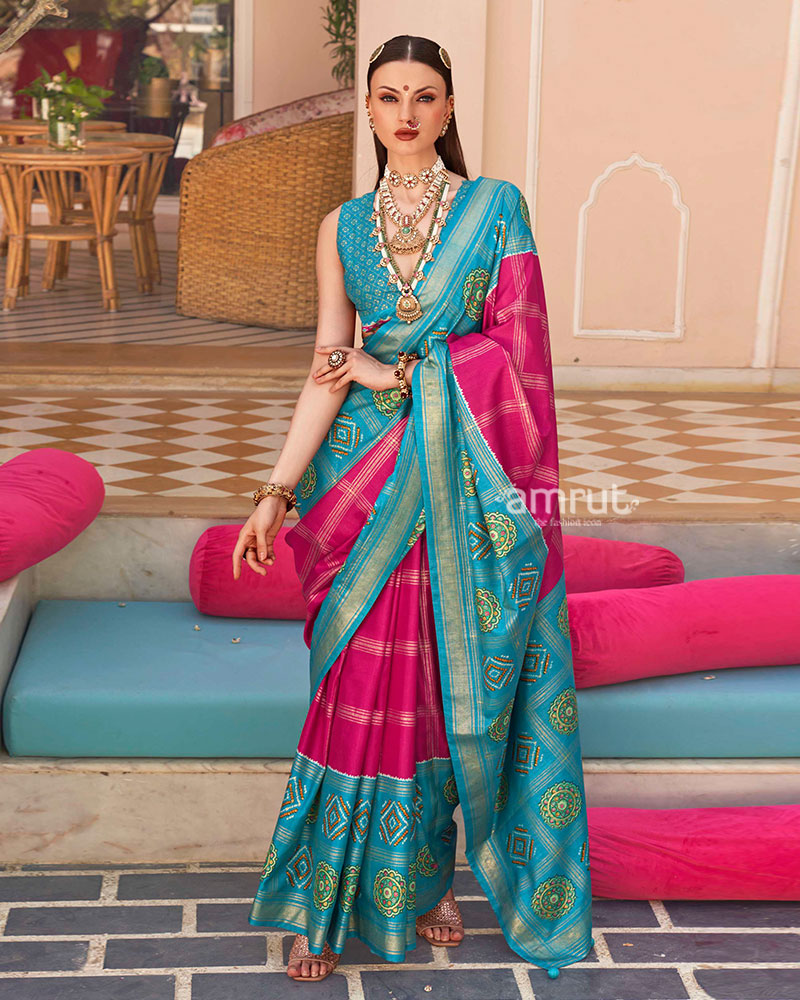 Turquoise and Magenta Printed Patola Silk Saree with Unstitched Blouse 01