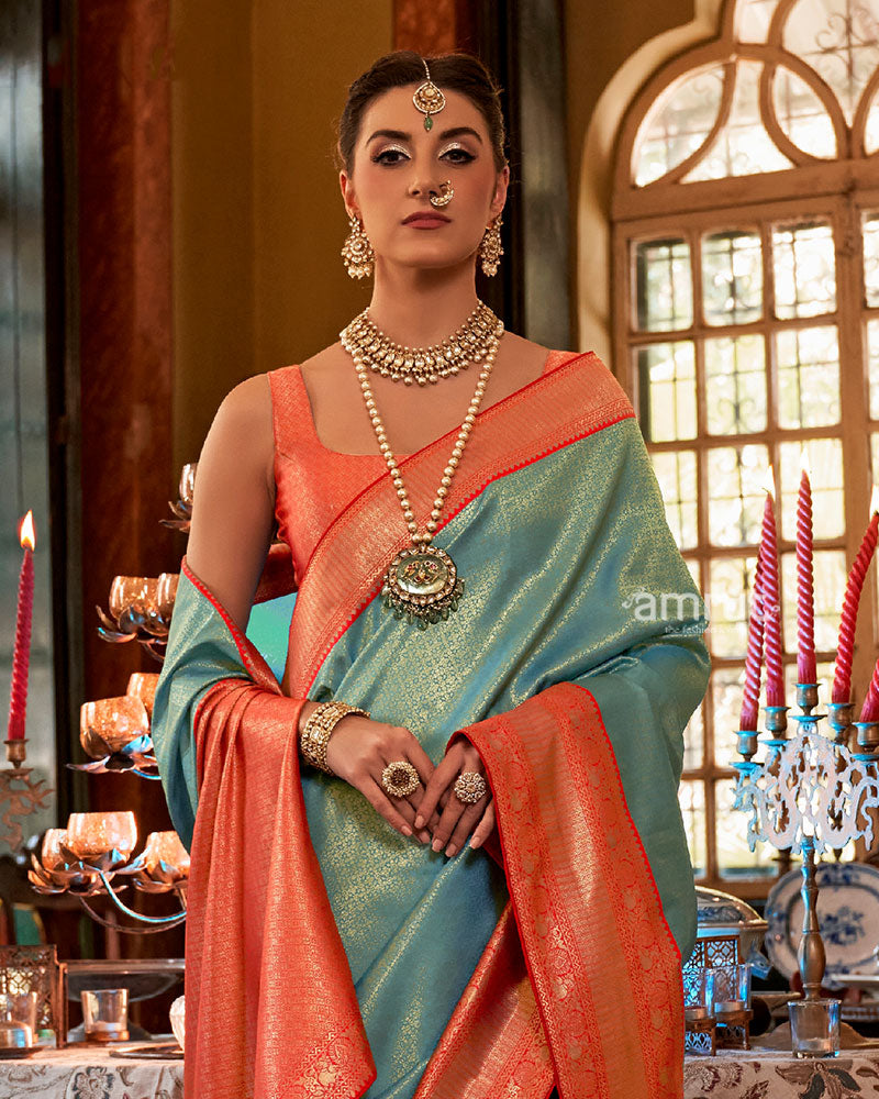 Turquoise and Orange Paisley Woven Border Kanjeevaram Silk Saree with Unstitched Blouse 02