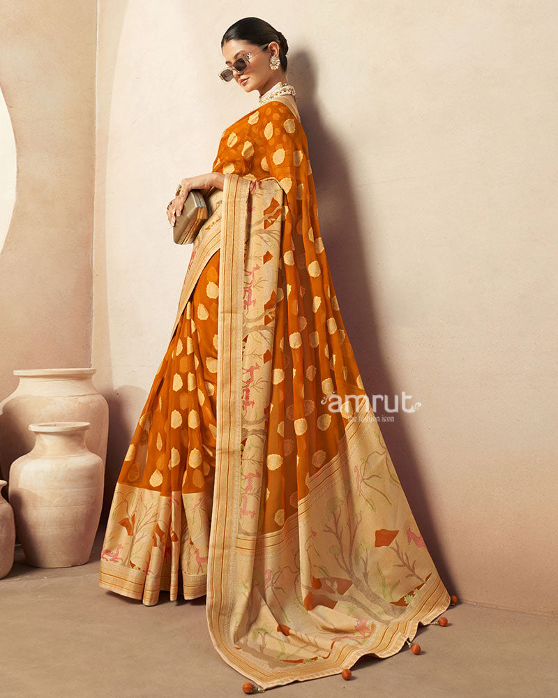 Tuscany Yellow with Golden Polka Dots Nature Inspired Print Border Georgette Saree and Unstitched Blouse 01