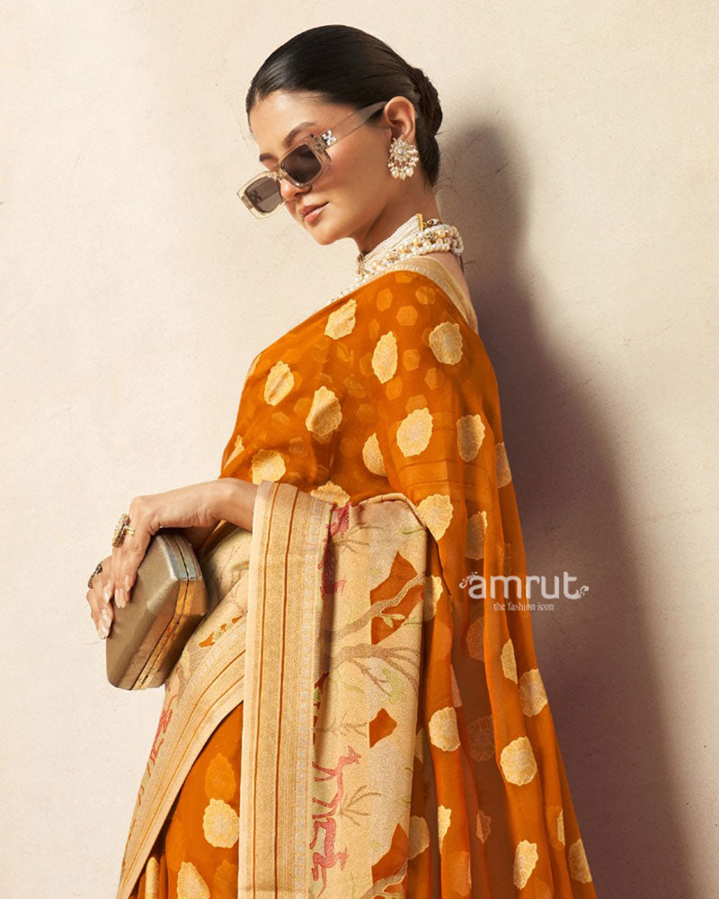 Tuscany Yellow with Golden Polka Dots Nature Inspired Print Border Georgette Saree and Unstitched Blouse 02