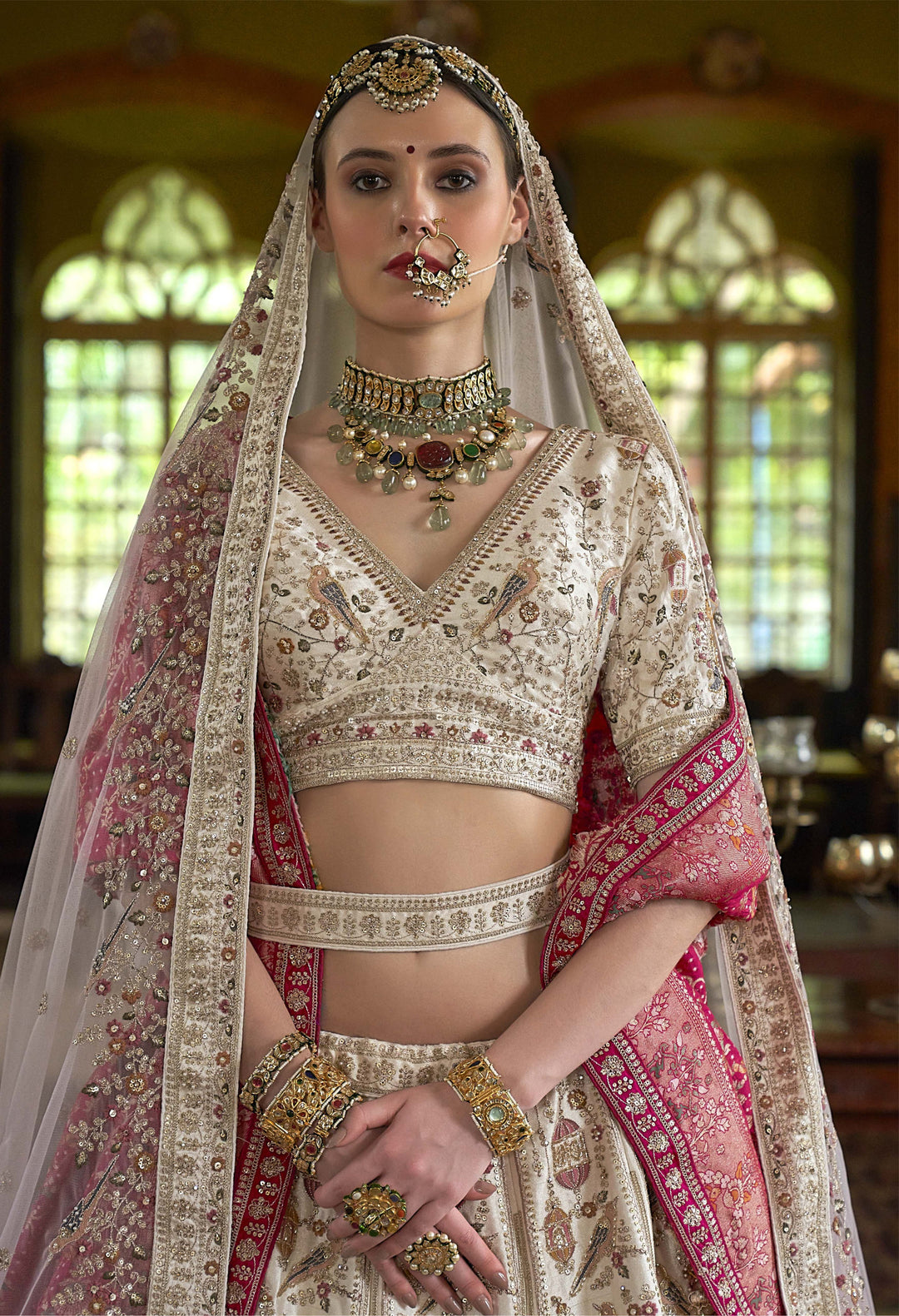 Ivory Gold Bridal Lehenga with Zardozi Embroidery & Double Dupatta – Royal Heritage Collection