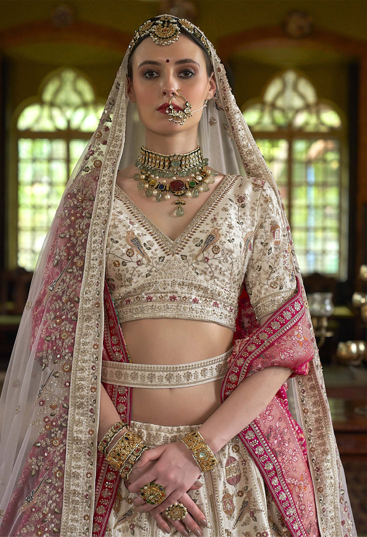 Ivory Gold Bridal Lehenga with Zardozi Embroidery & Double Dupatta – Royal Heritage Collection