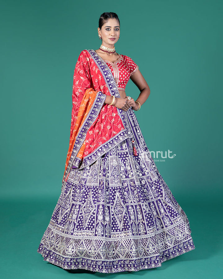 Vibrant Purple Lehenga Crimson Red Choli with Silver Embroidery and Red-Orange Dupatta 01