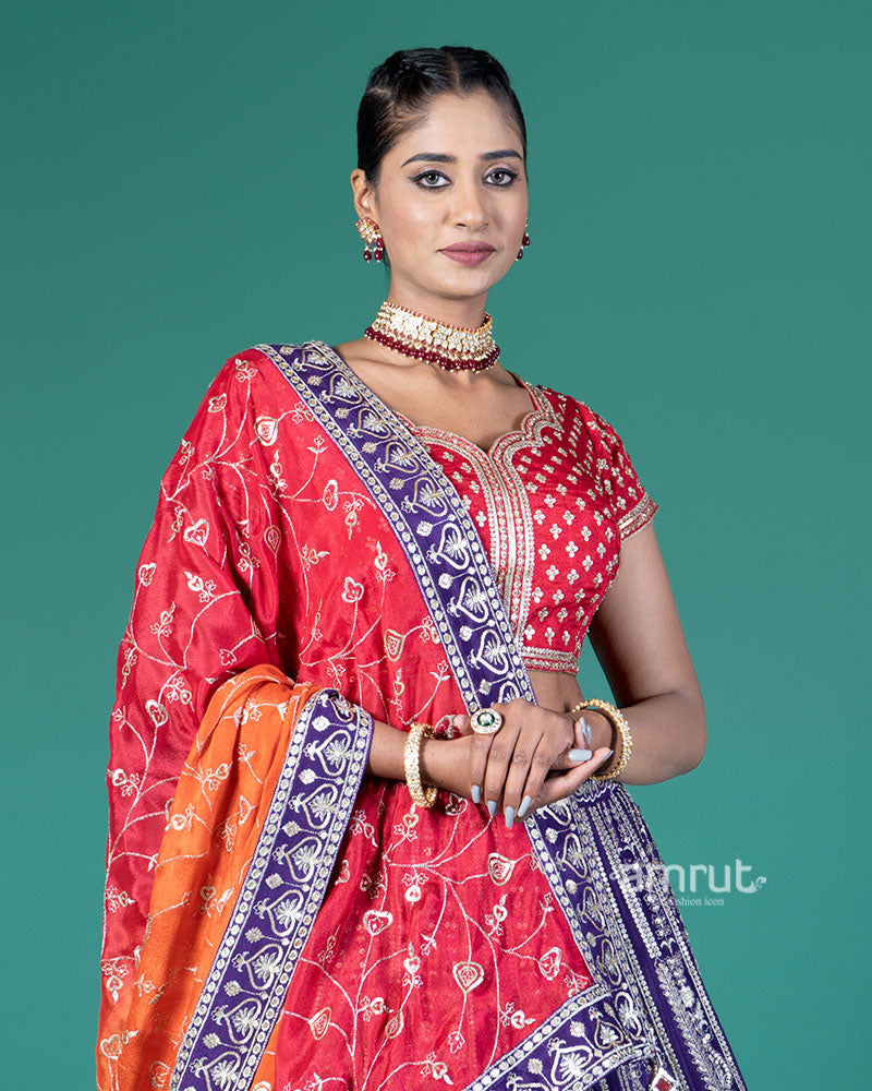 Vibrant Purple Lehenga Crimson Red Choli with Silver Embroidery and Red-Orange Dupatta 02