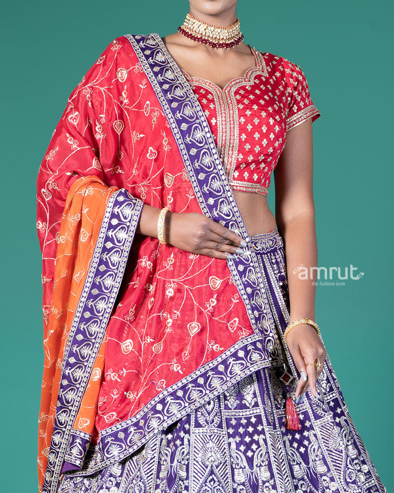 Vibrant Purple Lehenga Crimson Red Choli with Silver Embroidery and Red-Orange Dupatta 03