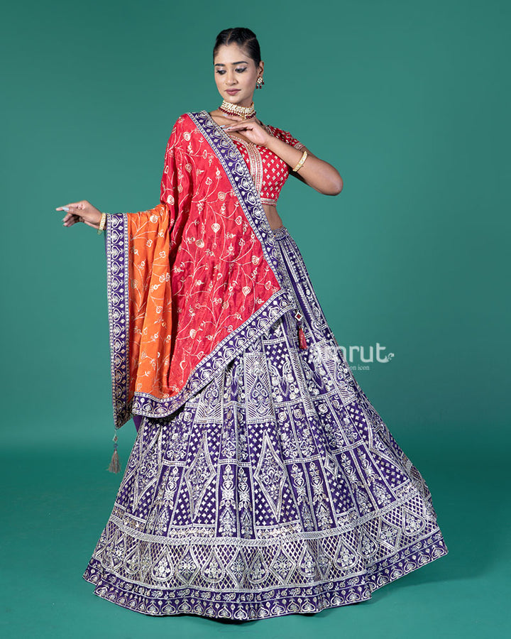 Vibrant Purple Lehenga Crimson Red Choli with Silver Embroidery and Red-Orange Dupatta 04