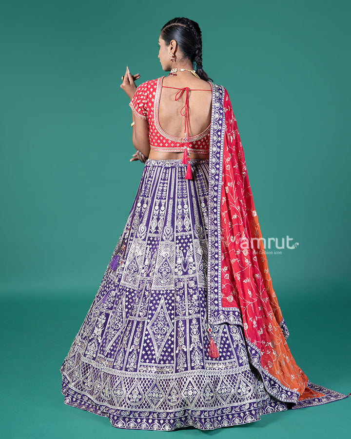 Vibrant Purple Lehenga Crimson Red Choli with Silver Embroidery and Red-Orange Dupatta 05