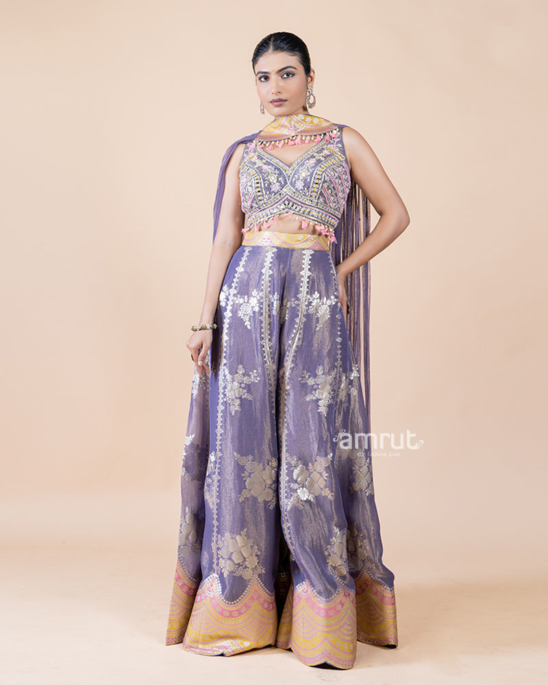 Vibrant Purple Palazzo and Crop Top Set with Choker Dupatta(01)